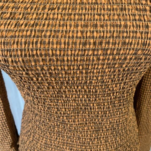 Scotch & Soda Smocked High Neck Top brown check gingham puff sleeve blouse FallS - Picture 7 of 15